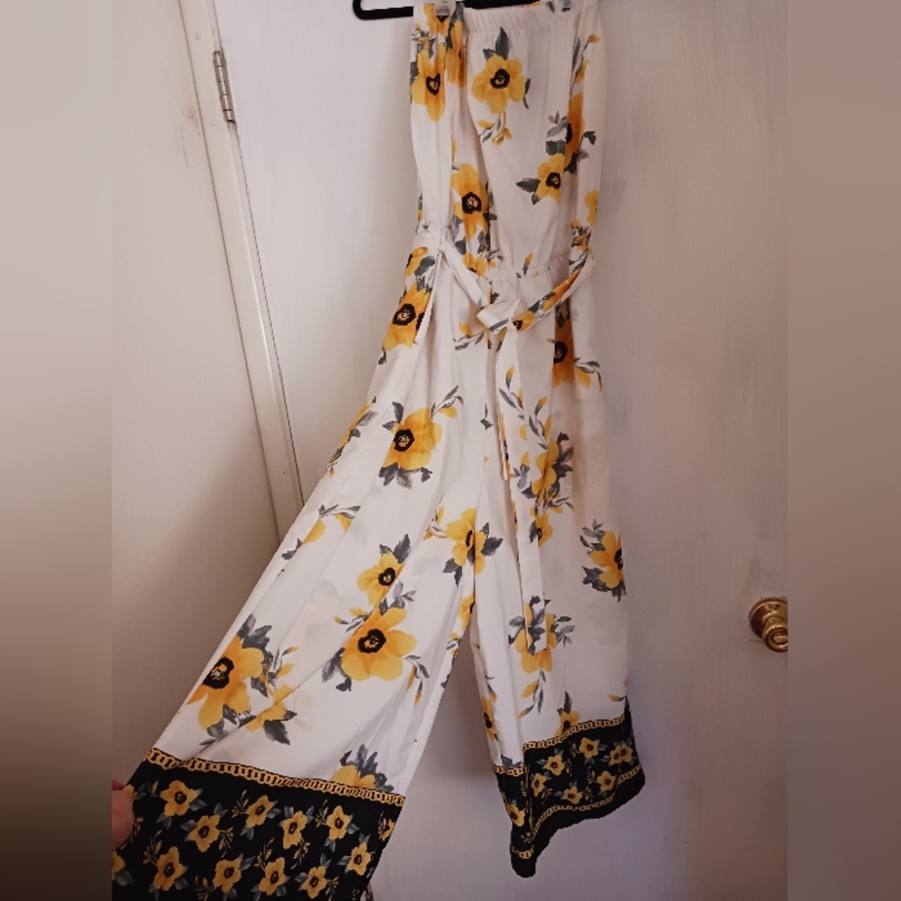 Hint of Blush Sunflower Romper,Yellow Sunflowers, Black and white detail.